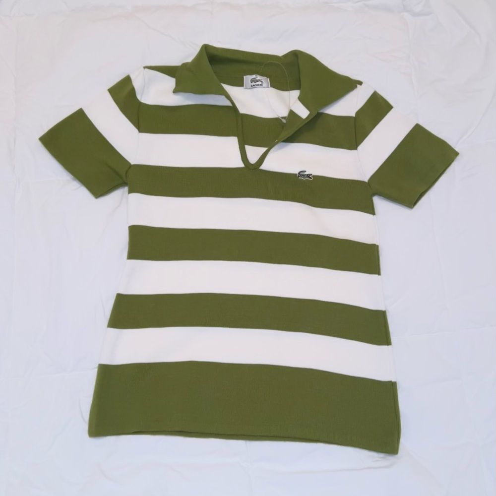 Lacoste Olive Green and White Striped Polo Top